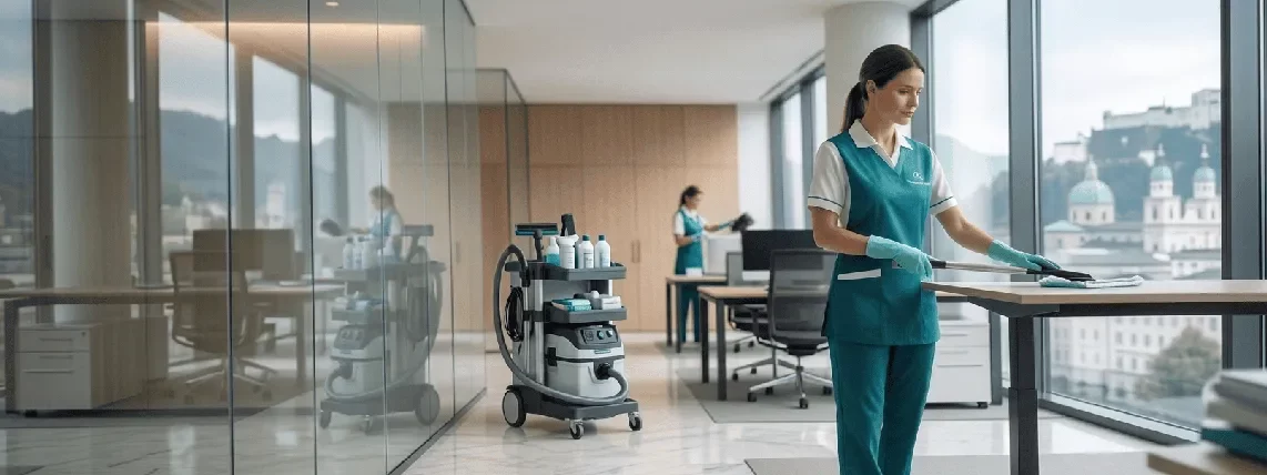 Gebäudereinigung Salzburg – Reinigungsteam bei der Arbeit im modernen Büro Salzburg
