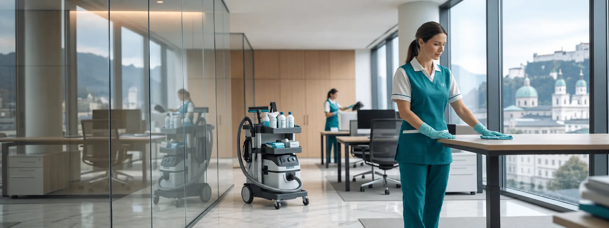 TopCleaners – Büroreinigung mit Mikrofasertuch Gebäudereinigung Salzburg – Reinigungsteam bei der Arbeit im modernen Büro Salzburg