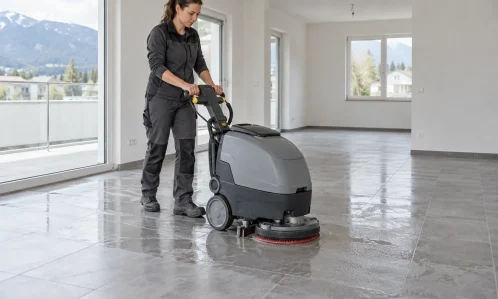 Bauendreinigung Salzburg – Fachkraft reinigt einen Hartboden maschinell nach Bauarbeiten in einem leeren Raum