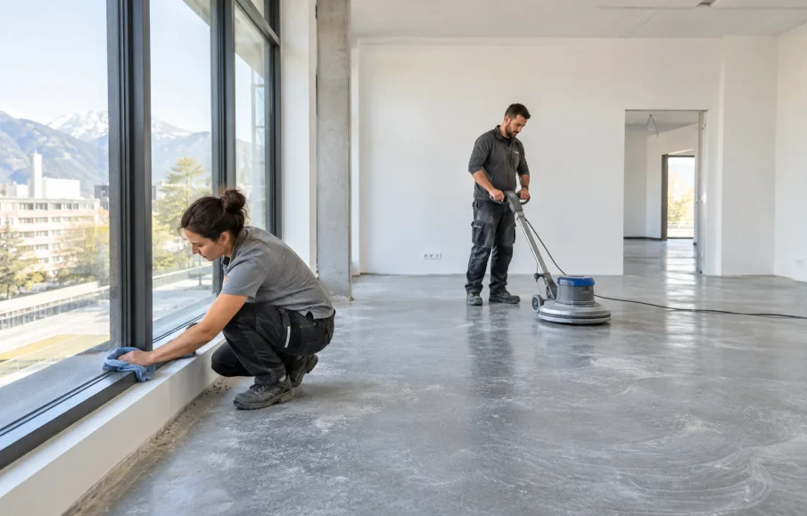 Bauendreinigung Salzburg – Reinigungsteam säubert Fenster und Boden in einem frisch renovierten Raum