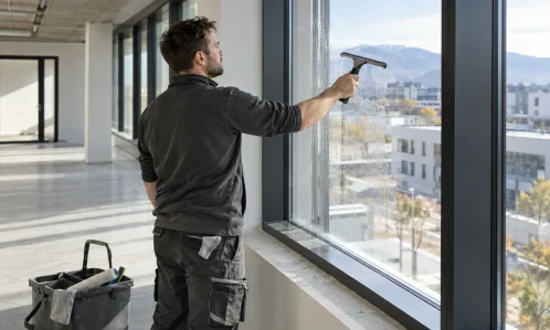 Bauendreinigung Salzburg – Fachkraft reinigt Fenster und Rahmen nach Bauarbeiten in einem hellen Raum