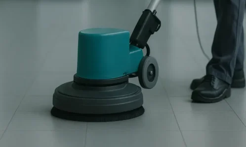 Einscheibenmaschine bei der Grundreinigung eines Fliesenbodens in Salzburg.
