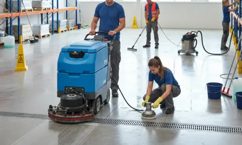 Reinigungsteam bei der Grundreinigung einer Halle in Salzburg mit Bodenreinigungsmaschine und Nasssauger.